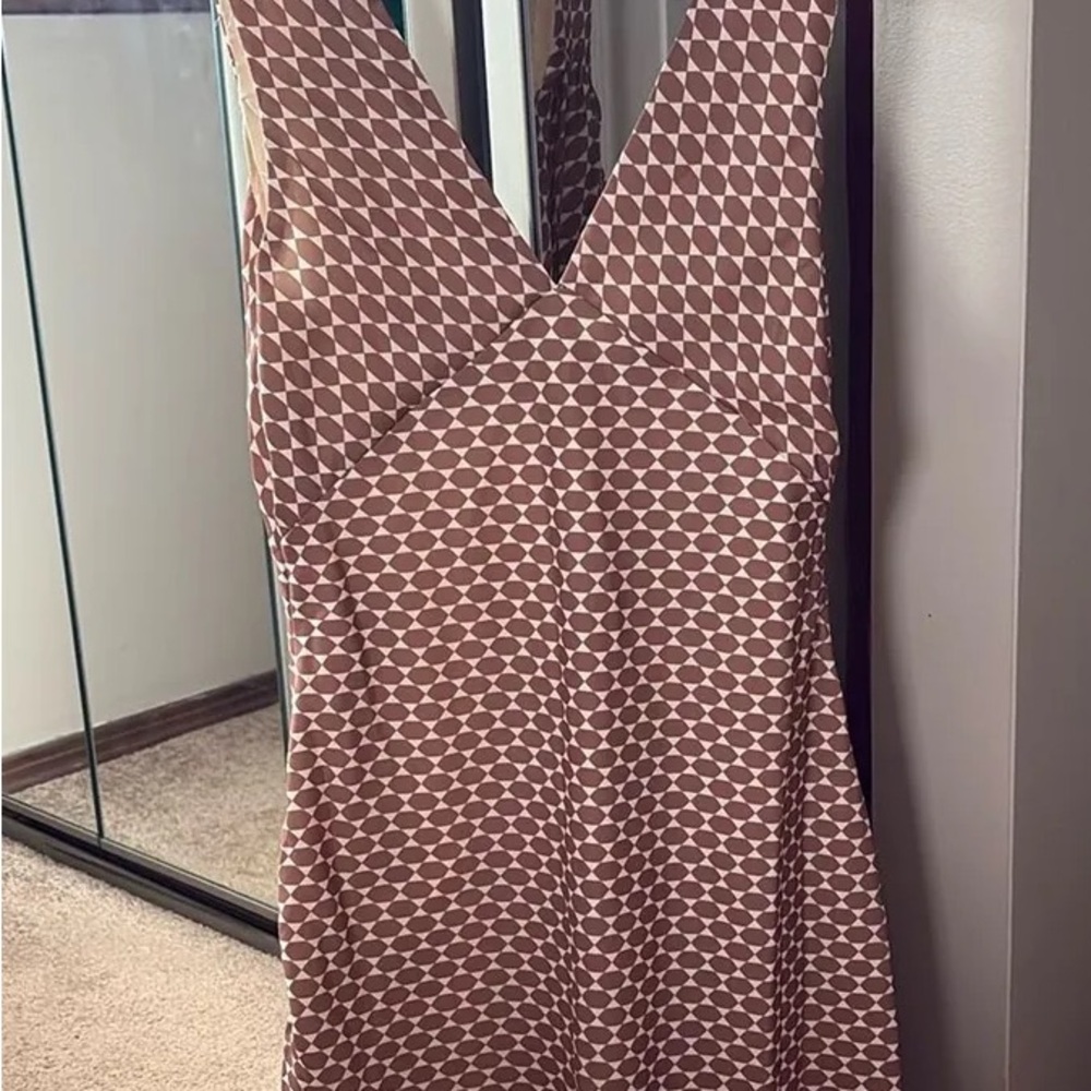 Elegant Brown Geometric Pattern Dress- Beginning Boutique